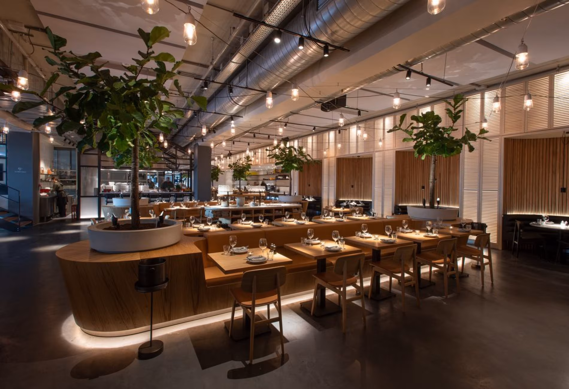 The open kitchen counter at NENI Amsterdam, surrounded by plants and long dining tables