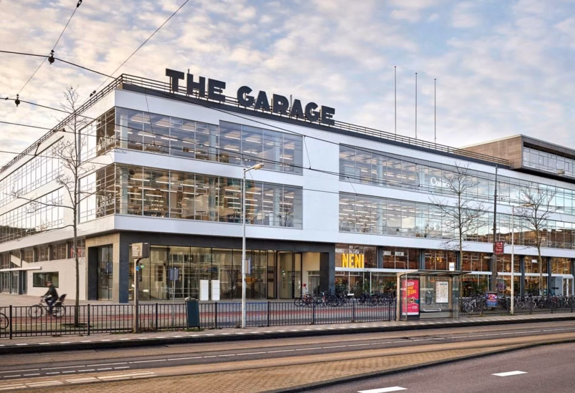 Exterior of The Garage building at Stadionplein, home of NENI Amsterdam