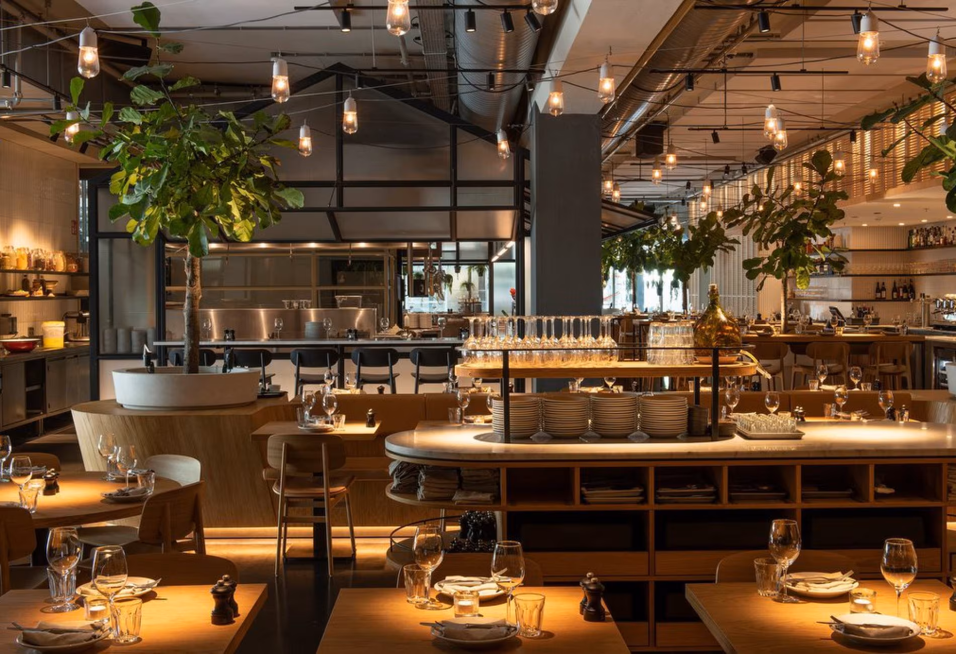 Dining room of NENI Amsterdam with the central open kitchen, long tables and hanging plants