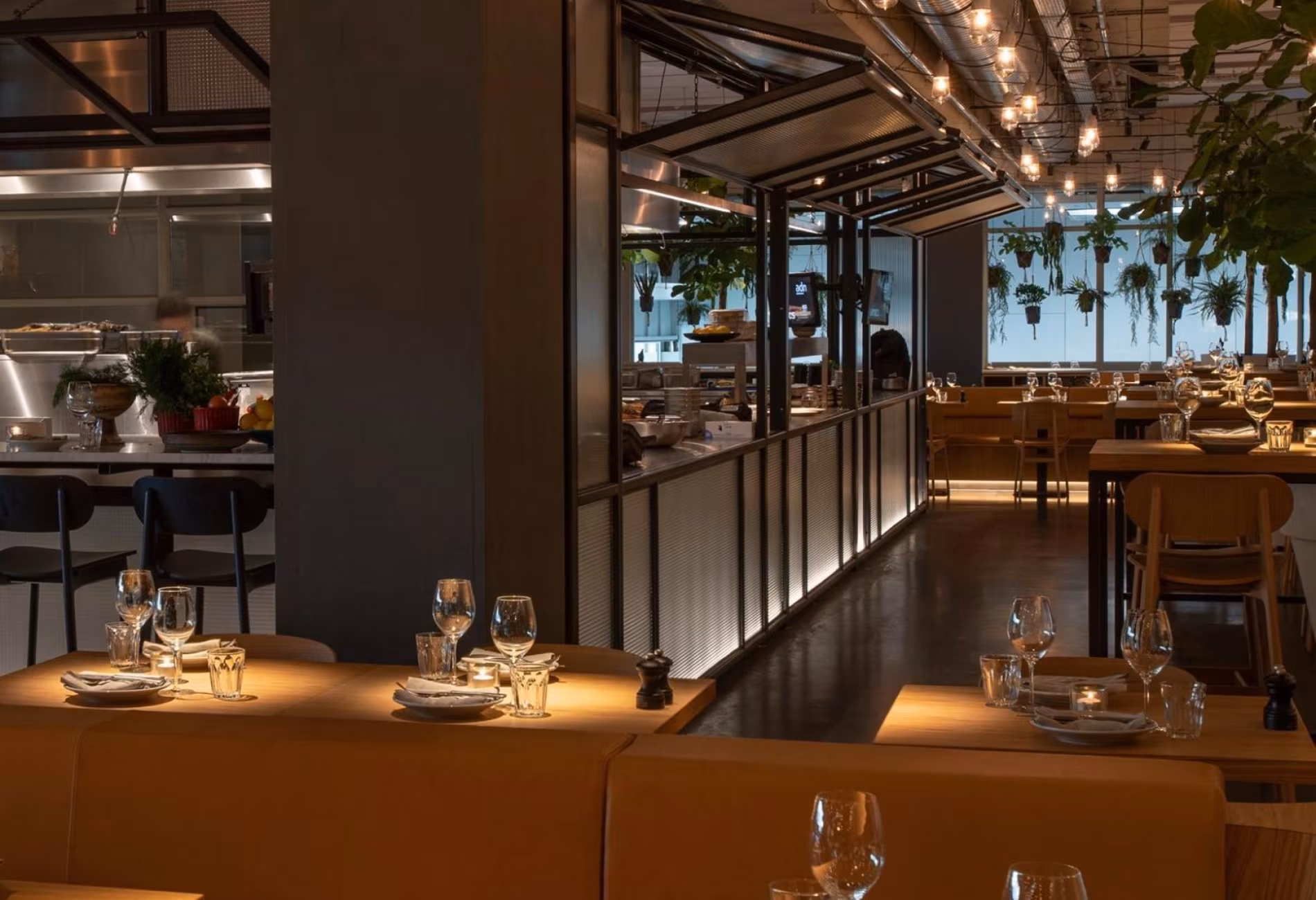 Long counter and dining tables under the lighting rig in the NENI Amsterdam interior