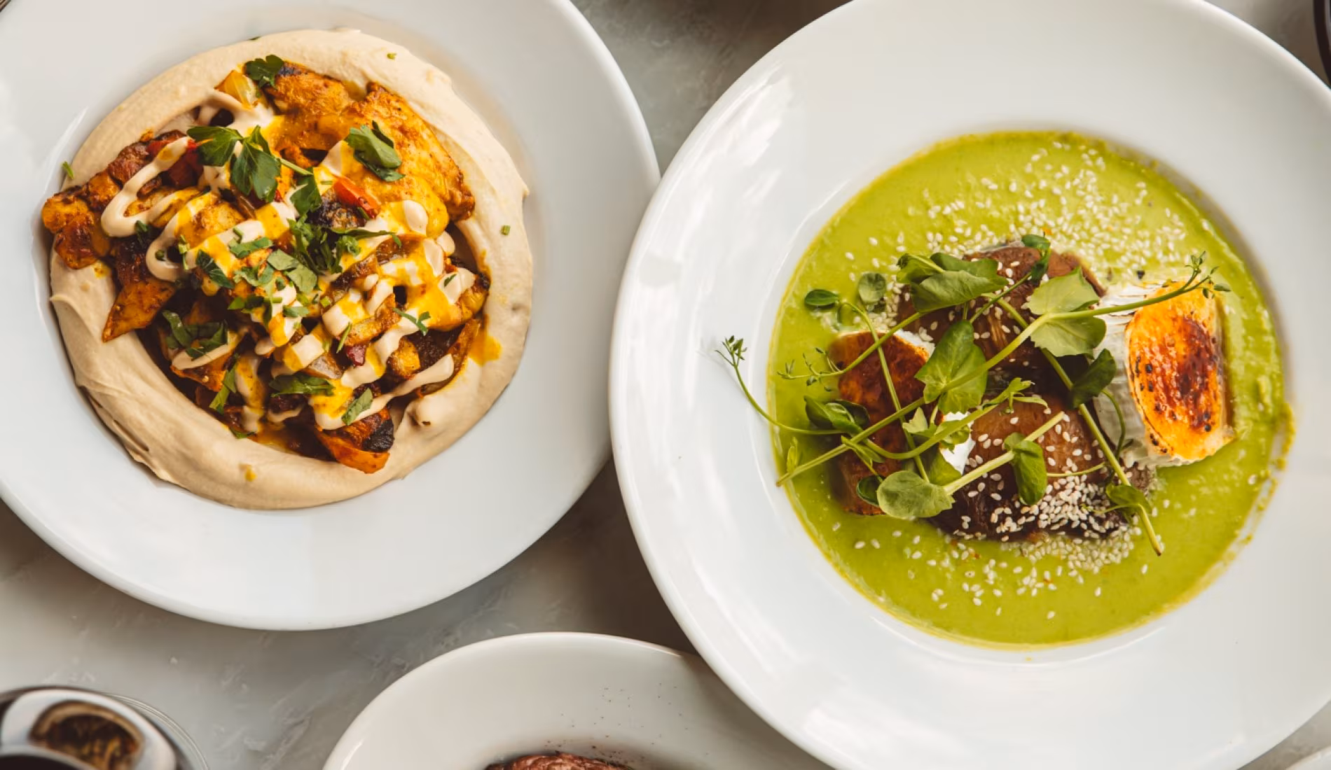 Two plates of lunch dishes with green sauce and salad