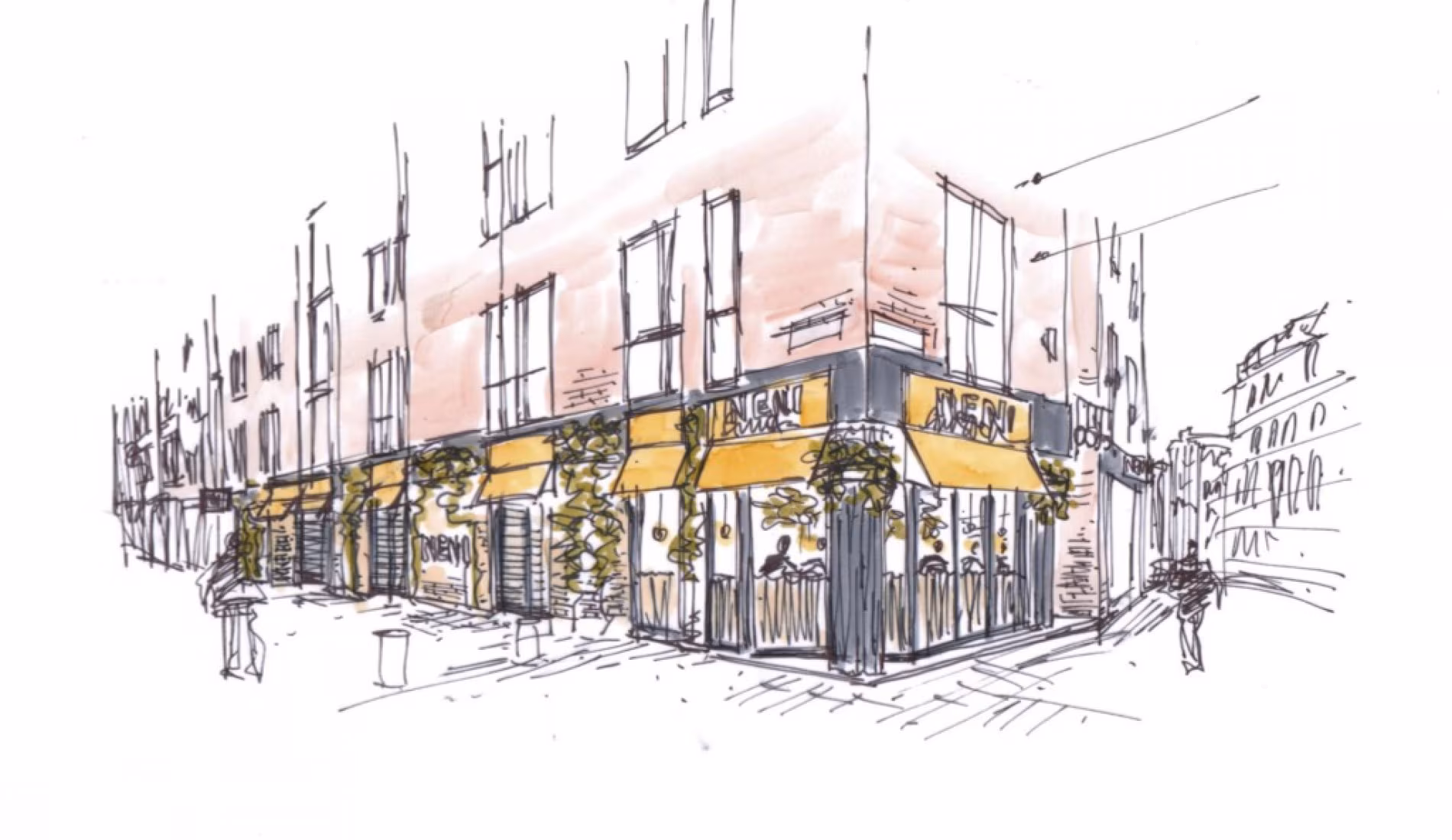 Architectural sketch of the NENI Centrum corner terrace in the Amsterdam city centre
